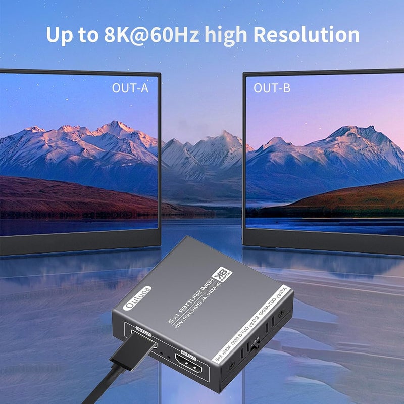 Ouluoa 8K HDMI Splitter 1 in 2 Out (Not Extended Display), Mirror Only, 4K@120Hz HDMI 2.1 Splitter for Monitor, TV, Support HDCP2.3, 48Gbps, Compatible with 4K & 1080P High-Definition Video - Image 2